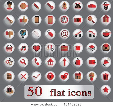 Set of 50 flat creative vector icons on a gray background