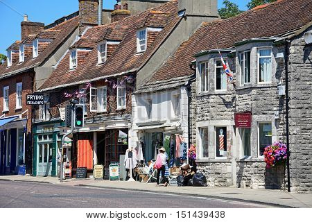 WAREHAM, UNITED KINGDOM - JULY 19, 2016 - Shops along North Street in the town centre Wareham Dorset England UK Western Europe, July 19, 2016.