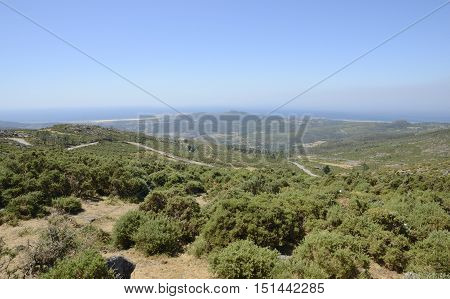 View of the coastline from the viewpoint of the Mountain La Curota in Ribeira Galicia Spain.