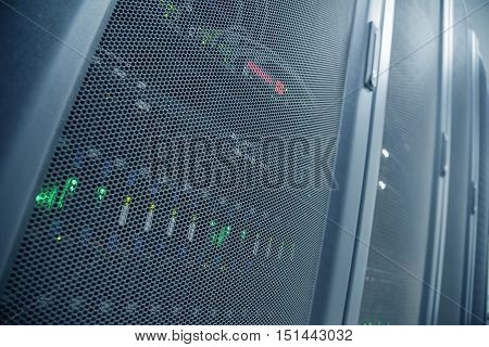 Perspective View And Distortion Effect Wide-Len Of Close up Server Rack With LED Indictor Inside