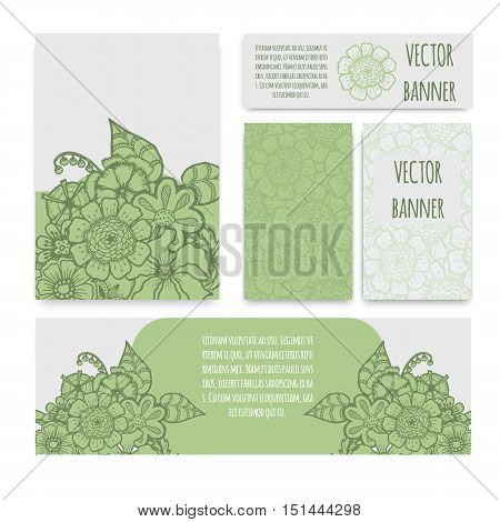 Ornate floral flyer with green flowers. Doodle sharpie background. template for card, poster, leaflet. eps10
