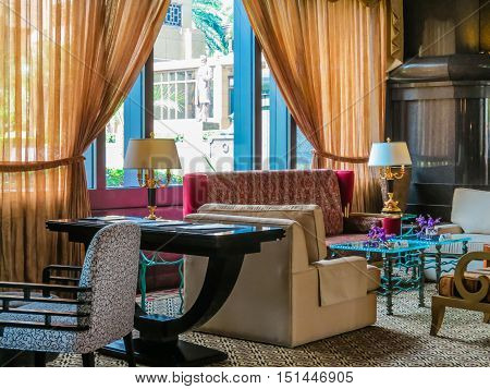 SINGAPORE, REPUBLIC OF SINGAPORE - JANUARY 10, 2014: Parkview Square is a landmark building in Singapore. Lobby interior in Art-deco style