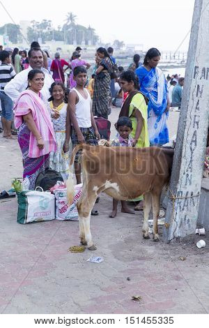 Rameswaram, Tamil Nadu, India - May 25, 2014. Full report about Rameswaram pilgrimage, religion. Religious city rituals. Life in the street before going temple