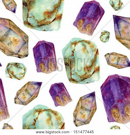 Watercolor gem stones pattern. Jade turquoise, amethyst and rauchtopaz stones seamless ornament isolated on white background. For design, prints or background.