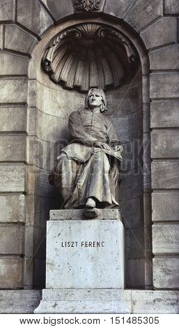 Statue of the famous hungarian composer and virtuoso pianist Frank Liszt (Ferenc) outside Budapest Opera House made by artist Strobl in 19th century