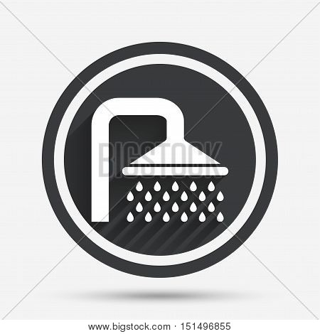 Shower sign icon. Douche with water drops symbol. Circle flat button with shadow and border. Vector