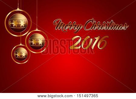 Merry Christmas and Happy New Year 2017 greeting card with Xmas decor gold christmas ball with word Merry Christmas. Vector illustration. EPS 10