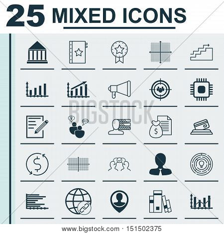 Set Of 25 Universal Icons On Education Center, Warranty, Employee Location And More Topics. Vector Icon Set Including Education Center, Money Trasnfer, Chip And Other Icons.
