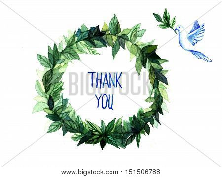 Watercolor wreath circle frame of spices with the green floral branches isolated on white background. Illustration for banner, greeting cards, website, poster.