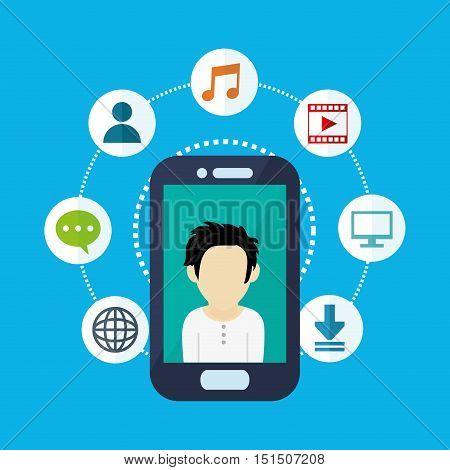 cellphone and user avatar with socia media related icons image vector illustration design