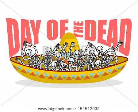 Day Of The Dead Skeletons And Sombrero. Multi-colored Skull In Mexican Hat. Emblem For National Holi