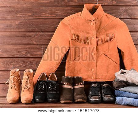 Women's Clothing And Accessories. Brown Suede Jacket, Jeans, Four Different Pairs Of Shoes And Scarf