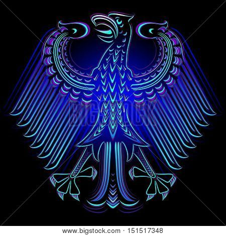 Neon coat of arms of Germany. Glowing neon blue flag of Germany on a black background.