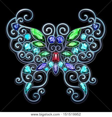 Silver jewelery in the form of a butterfly with different color gemstones.