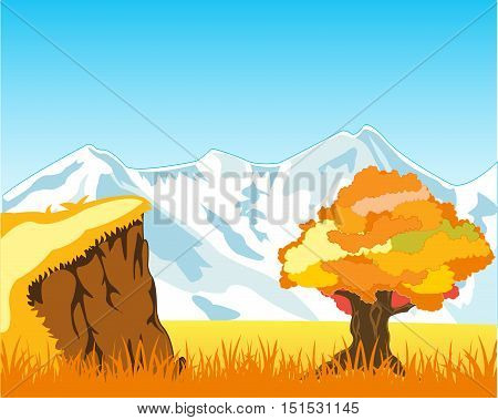 Autumn landscape with mountain and solitary by tree