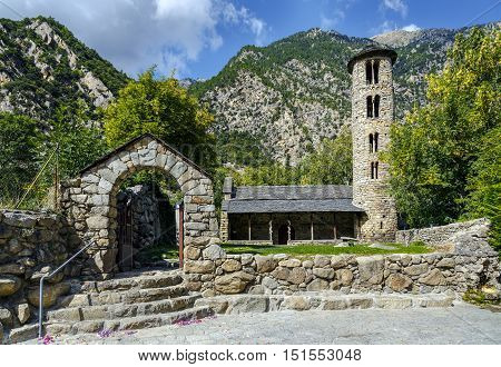 Santa Coloma church of pre-Romanesque structure at Andorra. The cultural landscape of Madriu-Perafita-Claror Valley is UNESCO World Heritage Site