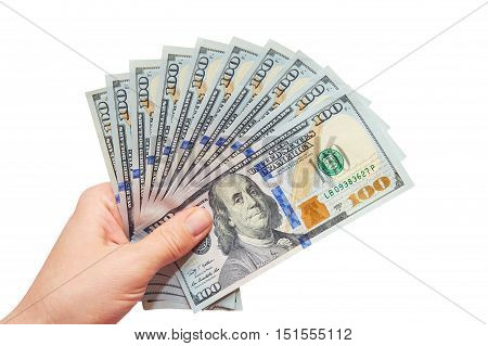 it is a lot of dollars in a hand on a white background