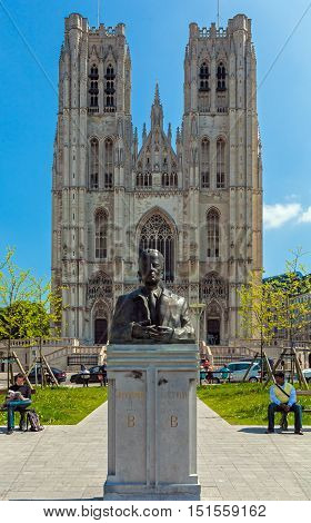 Brussels, Belgium - April 5, 2008: Bronze Monument Of Baudouin King In Front Of The Cathedral St. Gu