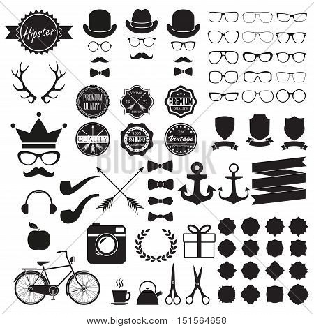 Hipster icons set. Vintage and hipster style signs collection. Retro design infographic elements: glasses, frames, labels, mustaches, arrows, ribbons. Vector illustration.