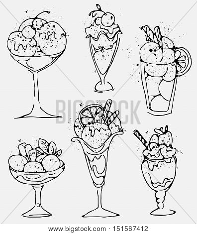 Set of Ice cream - sketched isolated icecream on white background with vintage texture