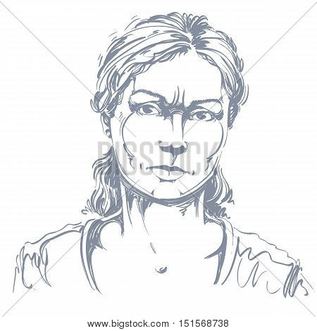 Graphic vector hand-drawn illustration of white skin angry lady with stylish haircut. People negative face expressions.