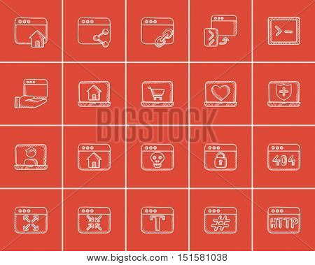 Technology sketch icon set for web, mobile and infographics. Hand drawn technology icon set. Technology vector icon set. Technology icon set isolated on red background.