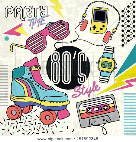 80's Retro elements Colorful  background. Retro vector graphic poster. Eighties style fashion style graphic template. Easy editable for Your design.