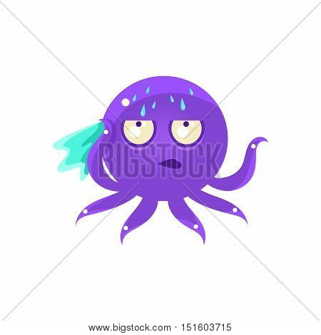 Sweating Funny Octopus Emoji. Cute Vector Emoticon In Cartoon Childish Style Isolated On White Background.