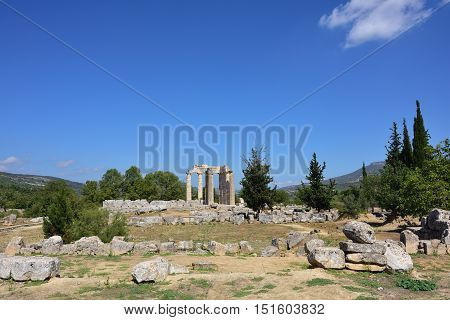 The temple of Zeus in the ancient Nemea archeological site Peloponnese Greece