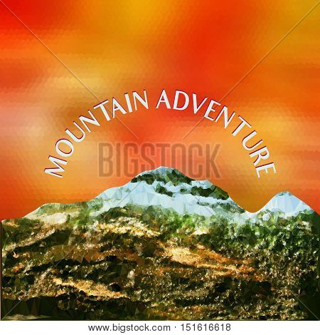 Mountain landscape with peaks covered with ice and red sky. Polygonal red and yellow background with mountains of crystals