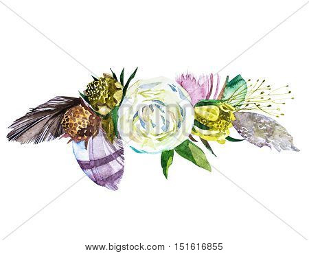 Flowers watercolor illustration. Manual composition. Hand drawn watercolor sketch for wedding design. Bouquet and boutonniere