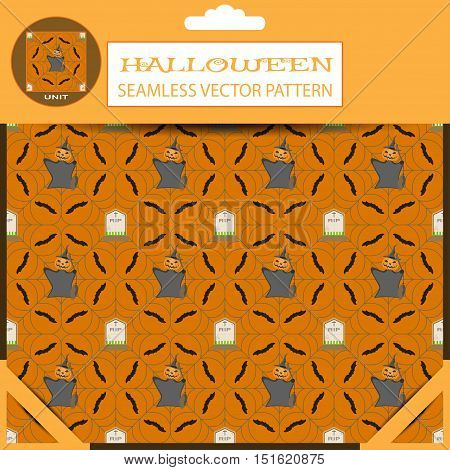 Halloween vector seamless pattern with spiderweb witch with broom and bats in package with shadow.