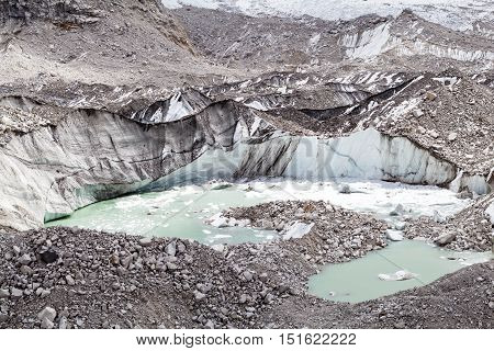 Himalayas Khumbu glacier lake. Melting ice on glaciers climate change and global warming ecology concept. Mountains rocky inspiring autumn landscape on the way to Mount Everest Base Camp in Nepal.