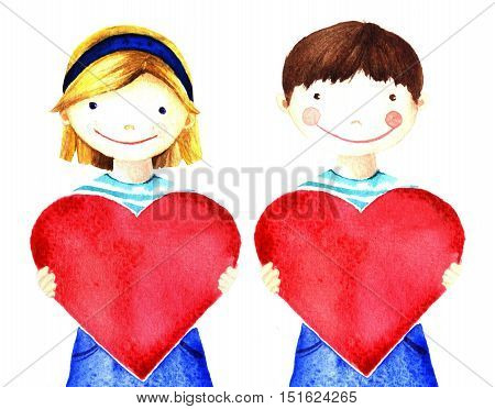 Little pretty beautiful smiling girl holding big red heart in his hands. Watercolor hand painted illustration isolated on white. Charity evening declaration of love. For banner card website poster