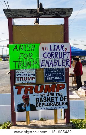 Ronks PA USA - October 11 2016: Trump campaign signs offered for sale by a vendor along busy Route 30 in Lancaster County.