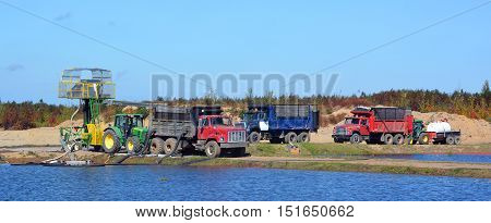 Saint-Louis-de-Blandford Quebec Canada 10 06 16: Cranberry farm water management harvesting in Saint-Louis-de-Blandford located on the Becancour River in Arthabaska county Centre-du-Quebec region.