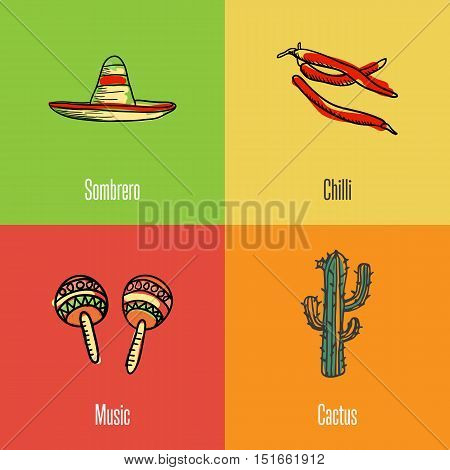 Mexican national, cultural, nature, culinary symbols. Sombrero, chilli peppers, cactus, maracas drawn icons with caption vector illustrations on colored backgrounds.  Mexican travel concept. Mexican art. Travel to Mexico concept. Discover Mexico. Flyer of