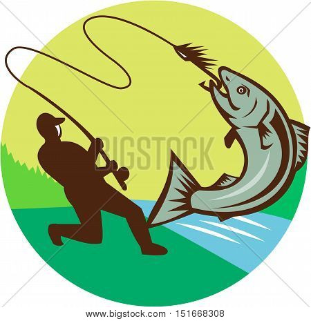 Illustration of a fly fisherman fishing casting rod and reel hooking salmon viewed from the side set inside circle with river sea in the background done in retro style