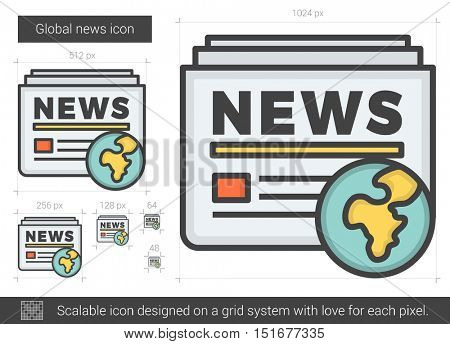 Global news vector line icon isolated on white background. Global news line icon for infographic, website or app. Scalable icon designed on a grid system.
