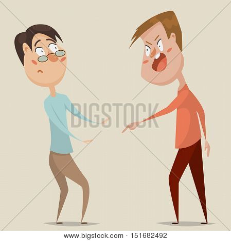 Aggressive man threats and shouts on frightened man in anger. Emotional concept of aggression, tyranny and despotism. Cartoon characters. Vector illustration