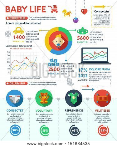 Baby Life - info poster, brochure cover template layout with flat design icons, other infographic elements and filler text