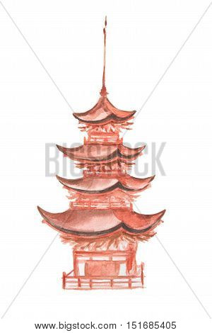 Isolated watercolor asian tower on white background. Chineese or japaneese style. Asian landmark.