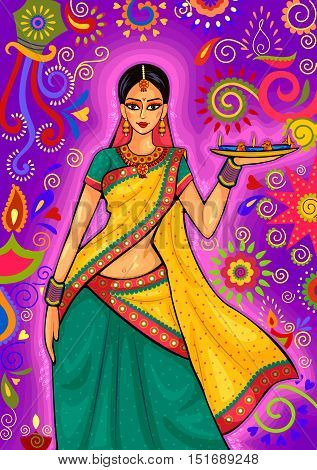 Vector design of Indian woman with diya decoration for Diwali festival celebration in India