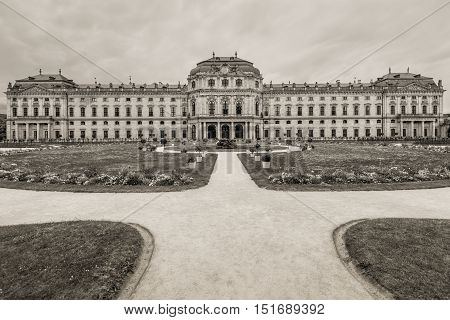 Wurzburg Germany - May 22 2016: The Wurzburg Residence in Wurzburg Germany. The Wurzburg Residence was inscribed in the UNESCO World Heritage List in 1981. Black and white photography sepia toned.