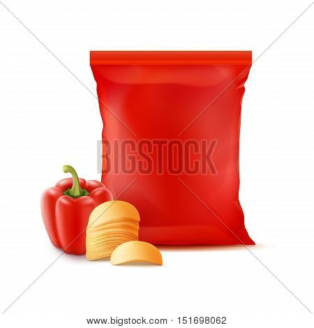 Vector Stack of Potato Crispy Chips with Paprika and Vertical Sealed Empty Red Plastic Foil Bag for Package Design Close up Isolated on White Background