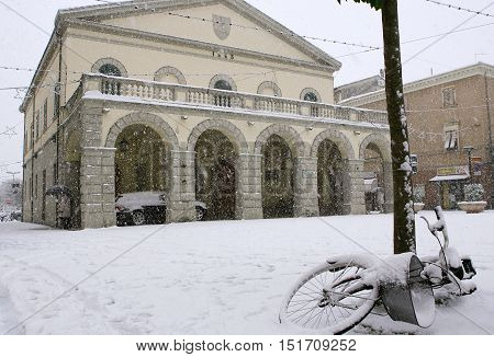 Cecina Livorno Tuscany - snowfall in the city Piazza Guerrazzi with the Town Hall