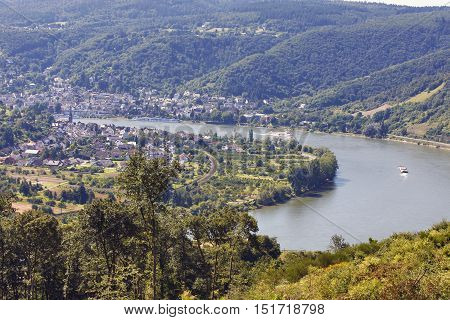 RHEINTAL, GERMANY - AUGUST 07: View from Jakobsberg on water transport artery Rhein in background nationally recognized tourist place Boppard Rheintal Germany on August 07 2016