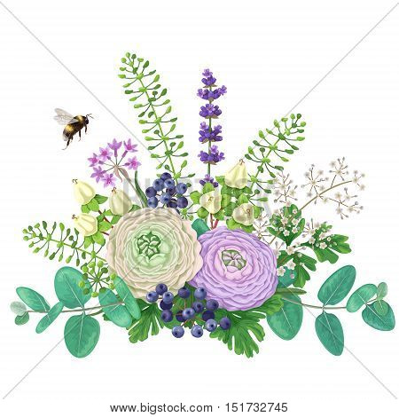 Bunch of colorful flowers and flying bumblebee isolated on white. Cream and lilac buttercup with floral elements and berries. Romantic bouquet.
