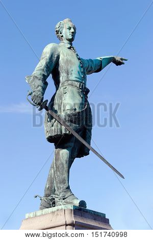 Public statue of the Swedish king Karl XII (1697-1718) in the park Kungstradgarden Stockholm Sweden by sculptor Johan Peter Molin (died 1873).