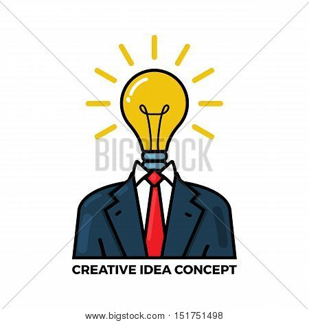 Vector outline illustration of creative idea in light bulb shape and tuxedo as inspiration concept innovation invention effective thinking solution. Flat design element isolated on white background